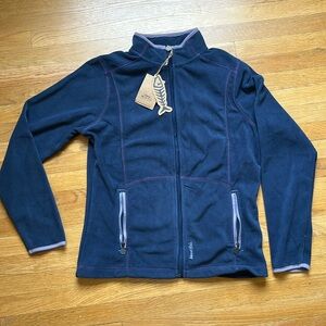 Weird Fish blue fleece with lavender trim and front zipper.